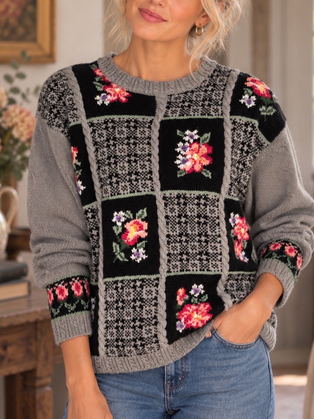 Vintage 90’s M Gray Pink Patchwork Floral Hand Knit Cotton Sweater Grannycore